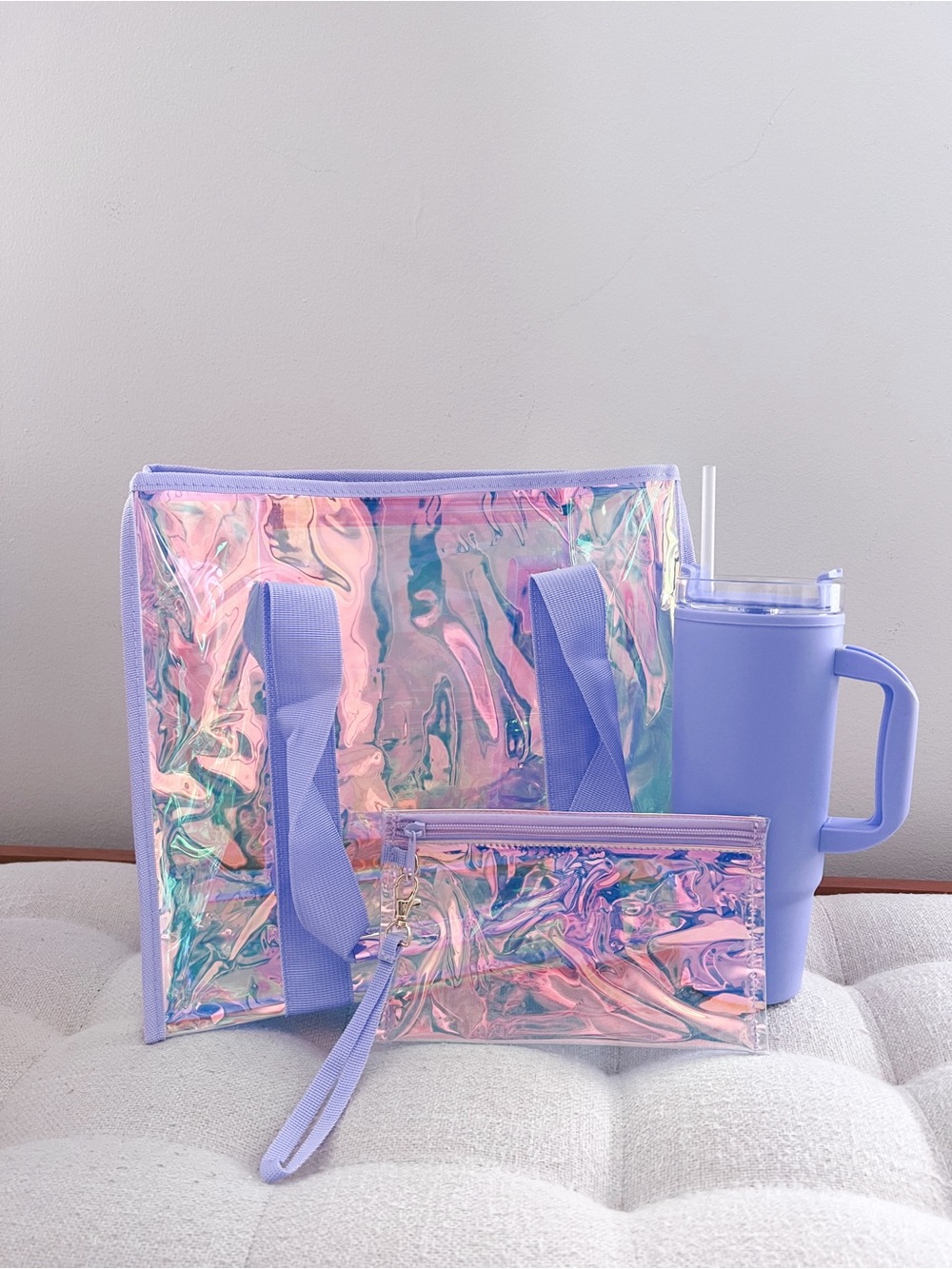 Iridescent Holographic Tote & Wristlet Set with Lilac Accents